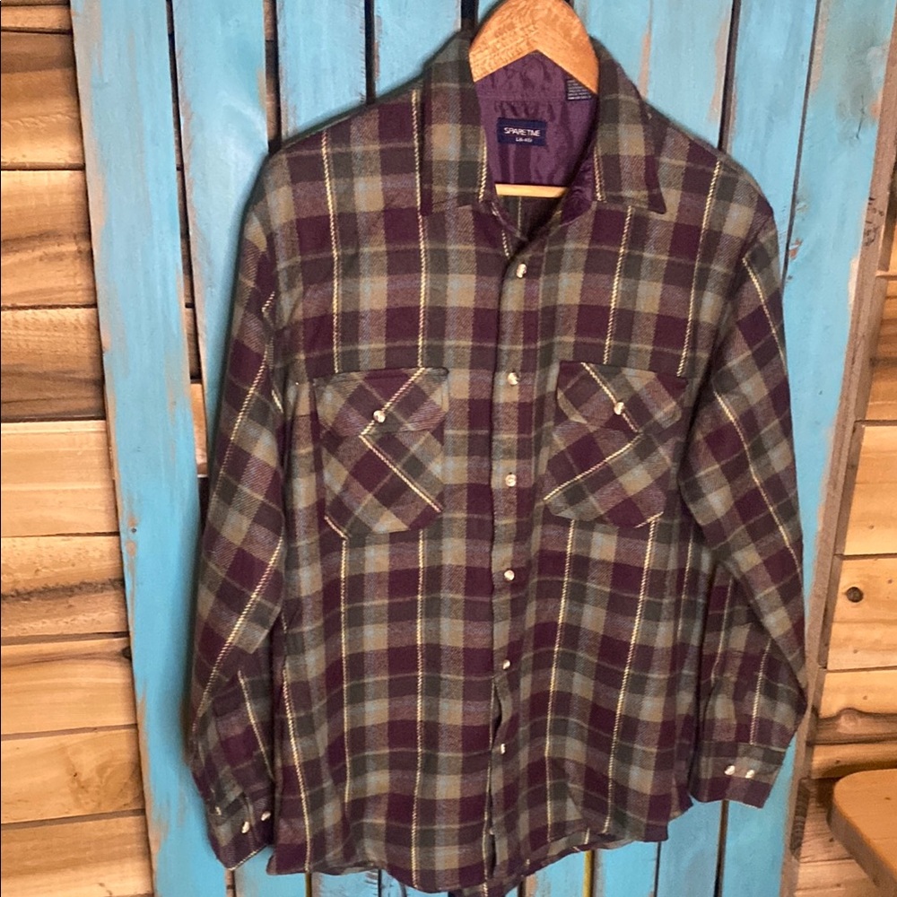 Vintage Spare Time 90s Plaid flannel Shirt L Purple Gray Blue White made Korea